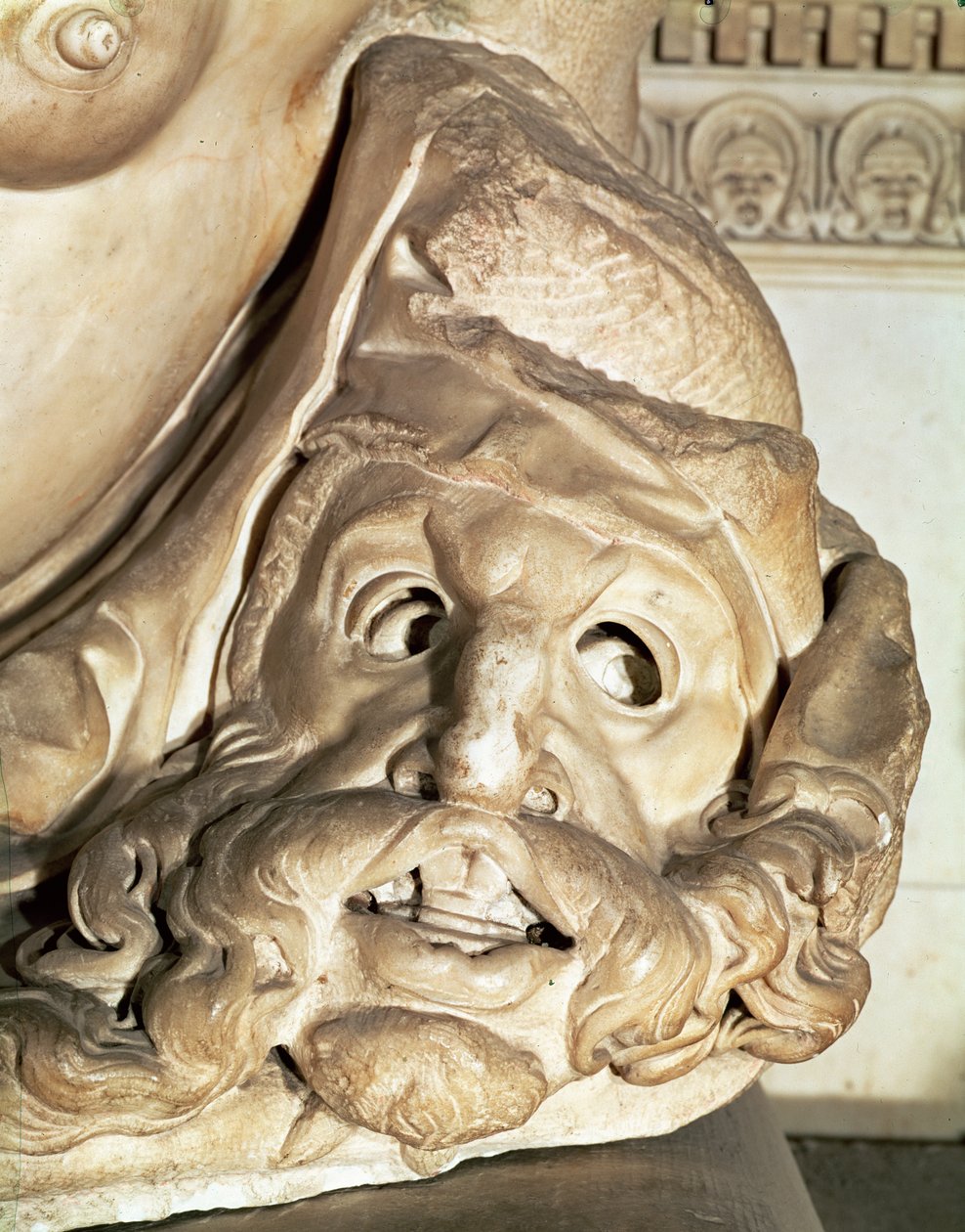 Hrob Giuliana de Medici 1478-1516 detail tragické masky pod paží noci, 1520-34 mramor od Michelangelo Buonarroti
