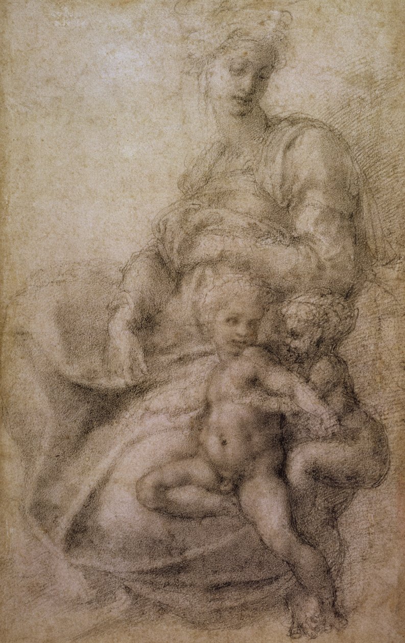 Panna a dítě s nemluvnětem Baptistou, kolem roku 1530 (černá křída na papíře) od Michelangelo Buonarroti