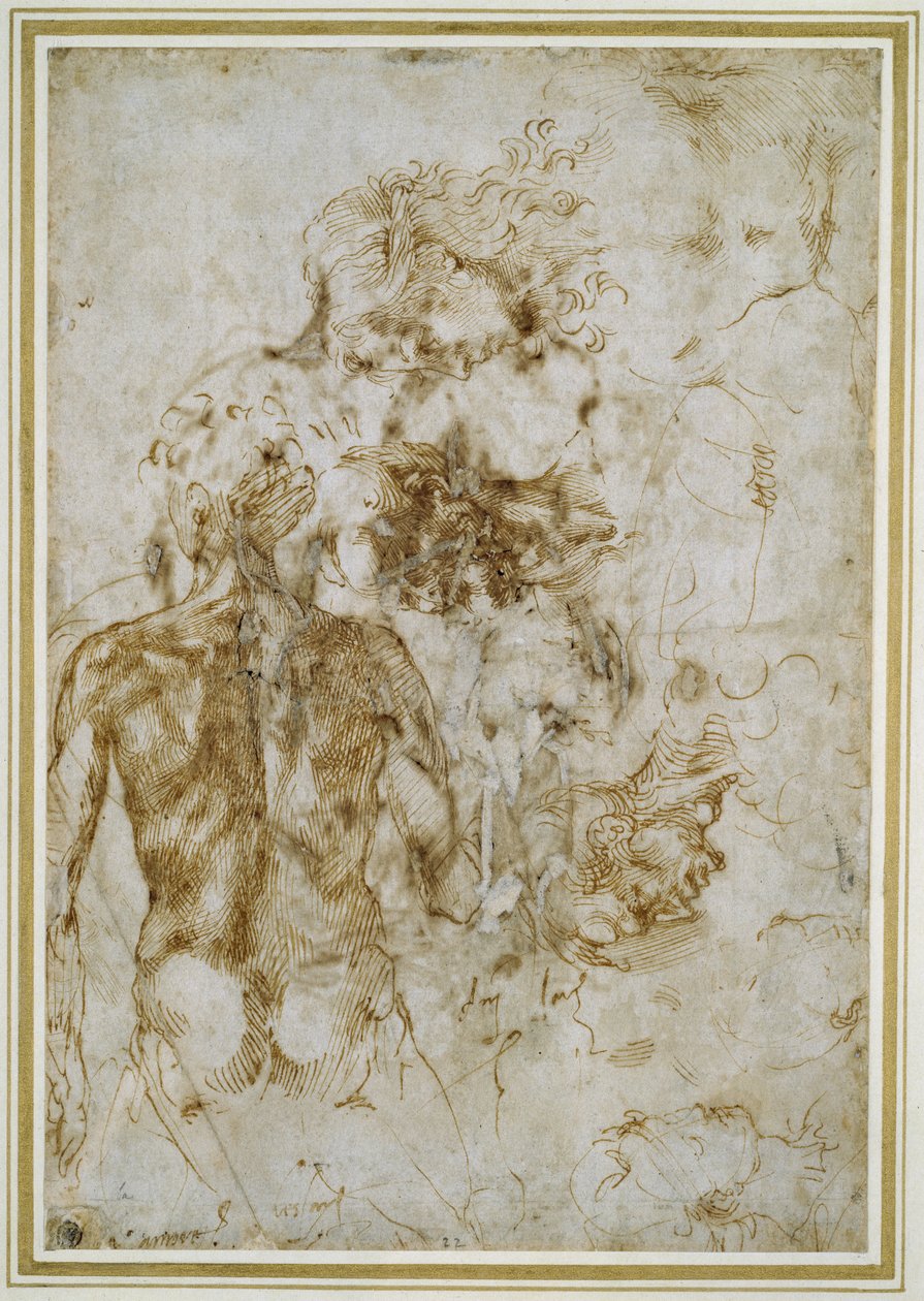Různé figurální studie (pero a hnědý inkoust na špinavě bílém papíře) od Michelangelo Buonarroti