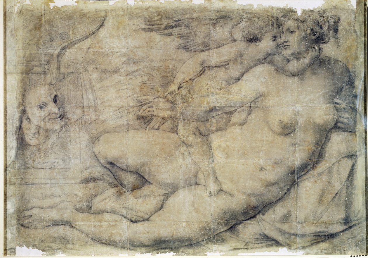 Venuše s Amorem (uhlí na papíře) od Michelangelo Buonarroti