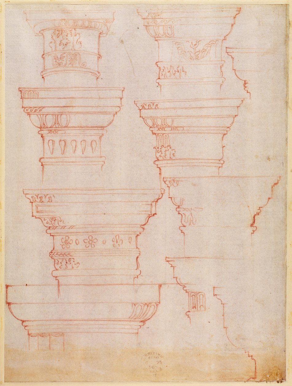 W.18v Studie velkých písmen sloupců (barevná tužka) od Michelangelo Buonarroti