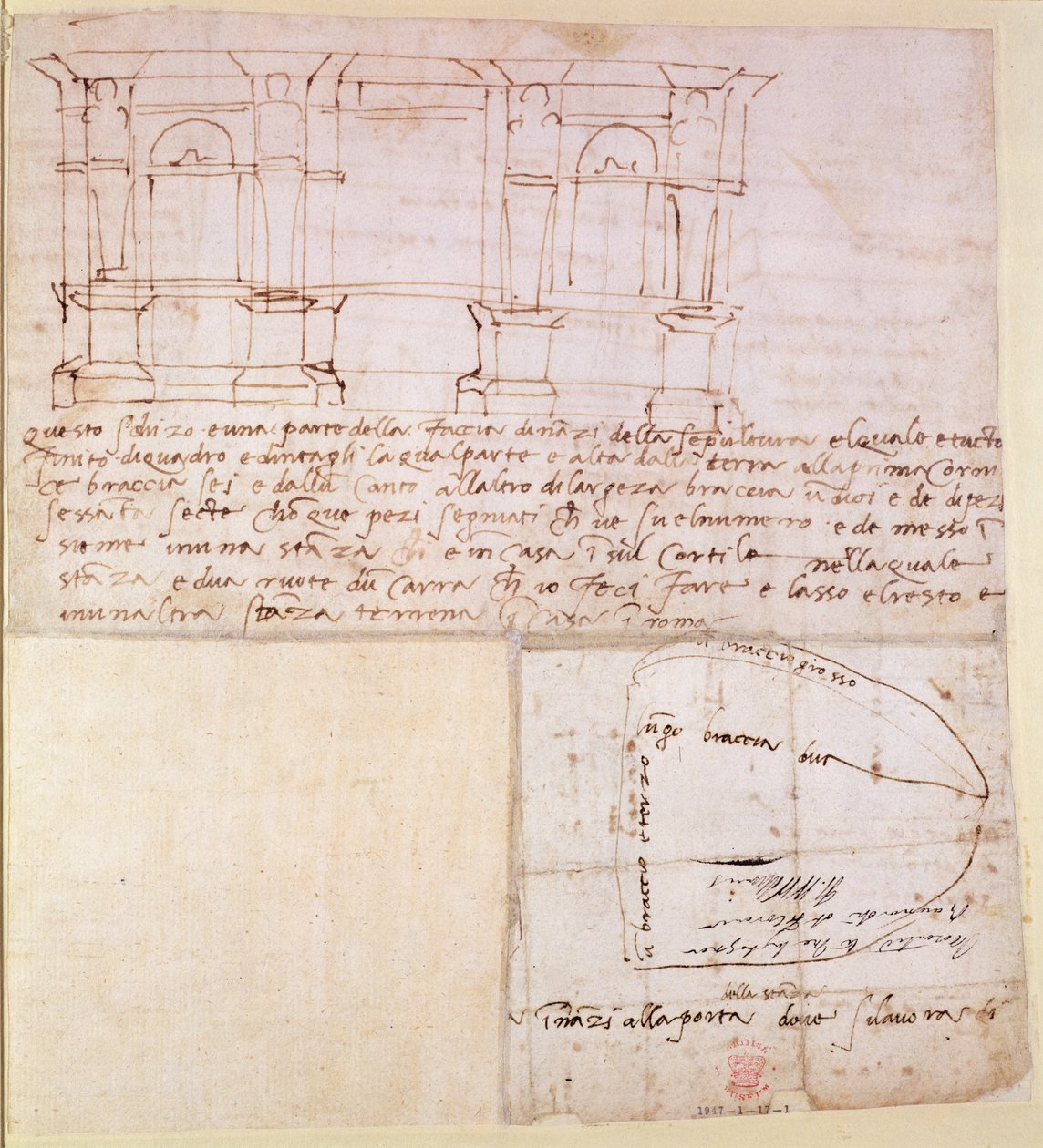 W.23r Architektonická skica s poznámkami (pero a tuš) od Michelangelo Buonarroti