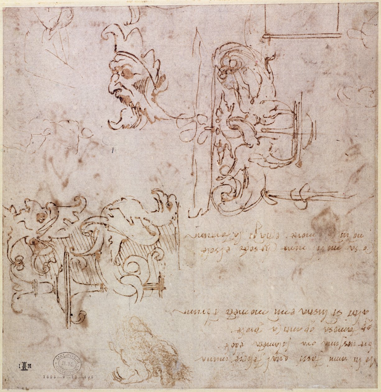 W.3v Zhruba načrtnuté návrhy nábytku a dekorací (pero a inkoust) od Michelangelo Buonarroti