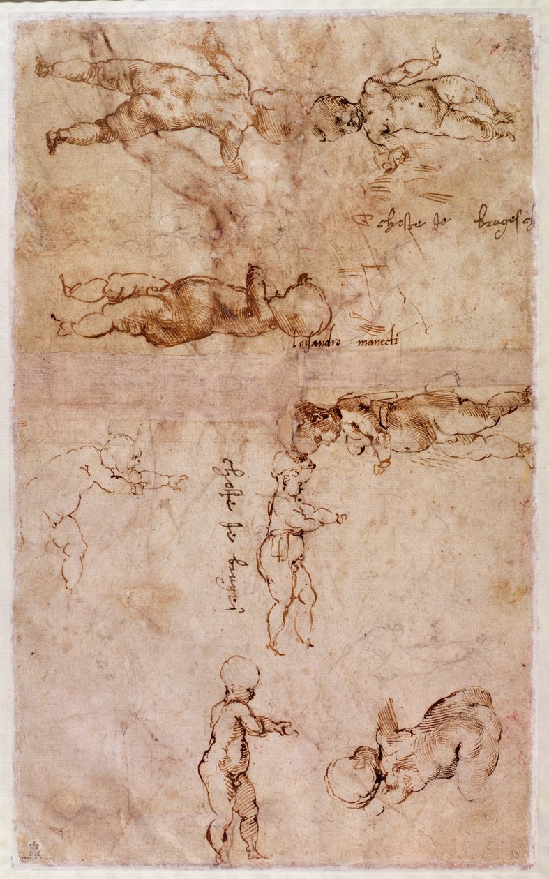 W.4v Stránka náčrtů miminek nebo andělíčků (inkoust na papíře) od Michelangelo Buonarroti