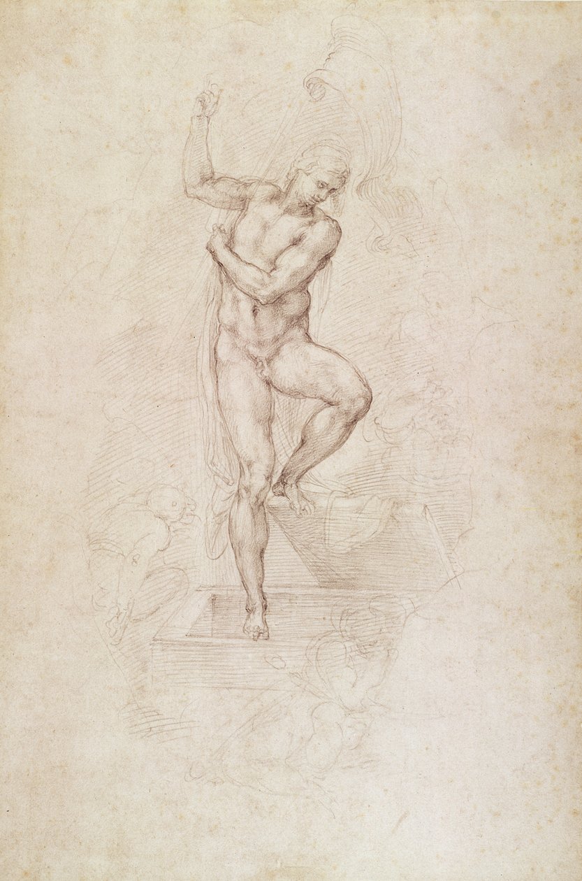W.53r Vzkříšený Kristus, studie k fresce Poslední soud v Sixtinské kapli, Vatikán (tužka) od Michelangelo Buonarroti