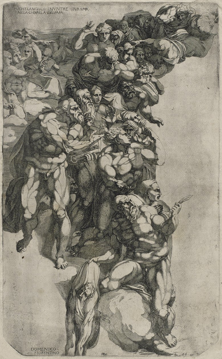 Skupina z Michelangelova Posledního soudu, vyryla Domenica del Barbiere, 1540-50 od Michelangelo after Buonarroti