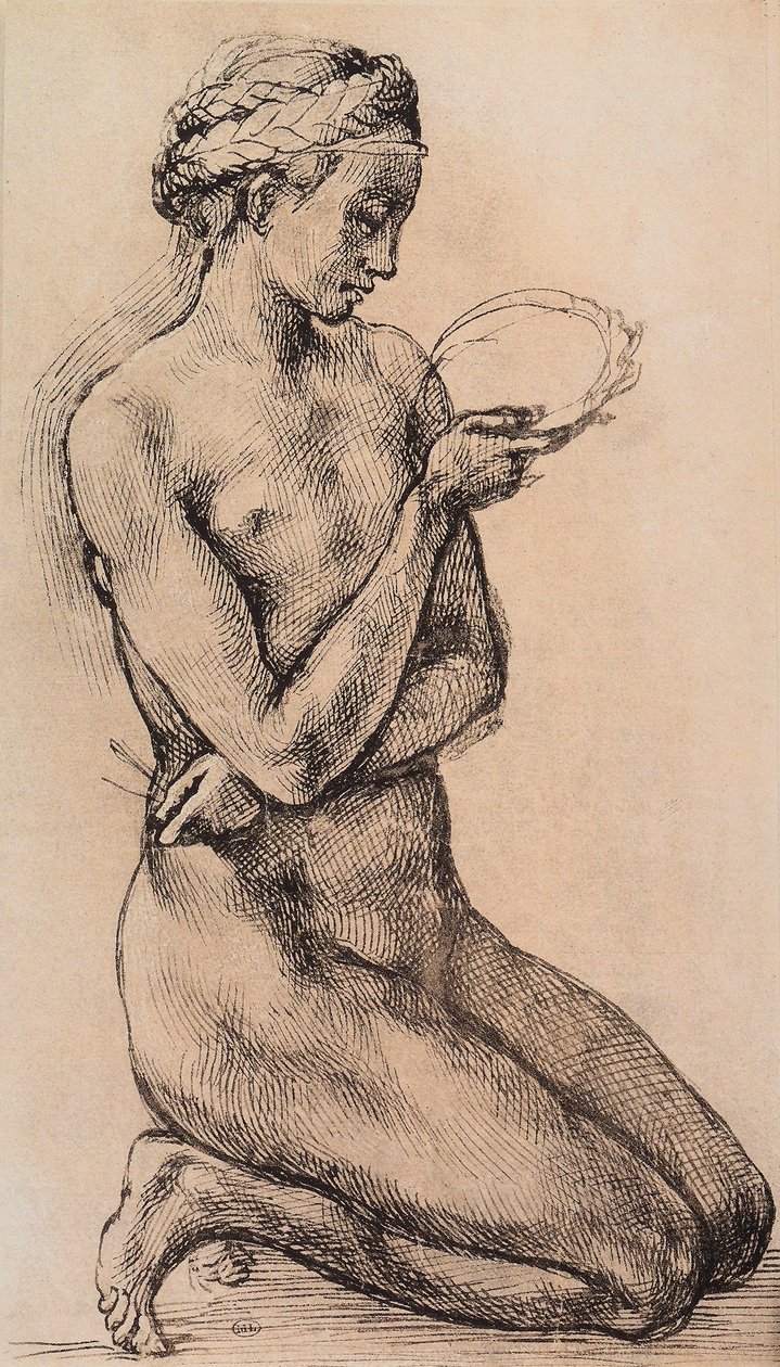 Klečící žena; kresba ze školy Leonarda. Louvre, Paříž od Michelangelo school of Buanorroti