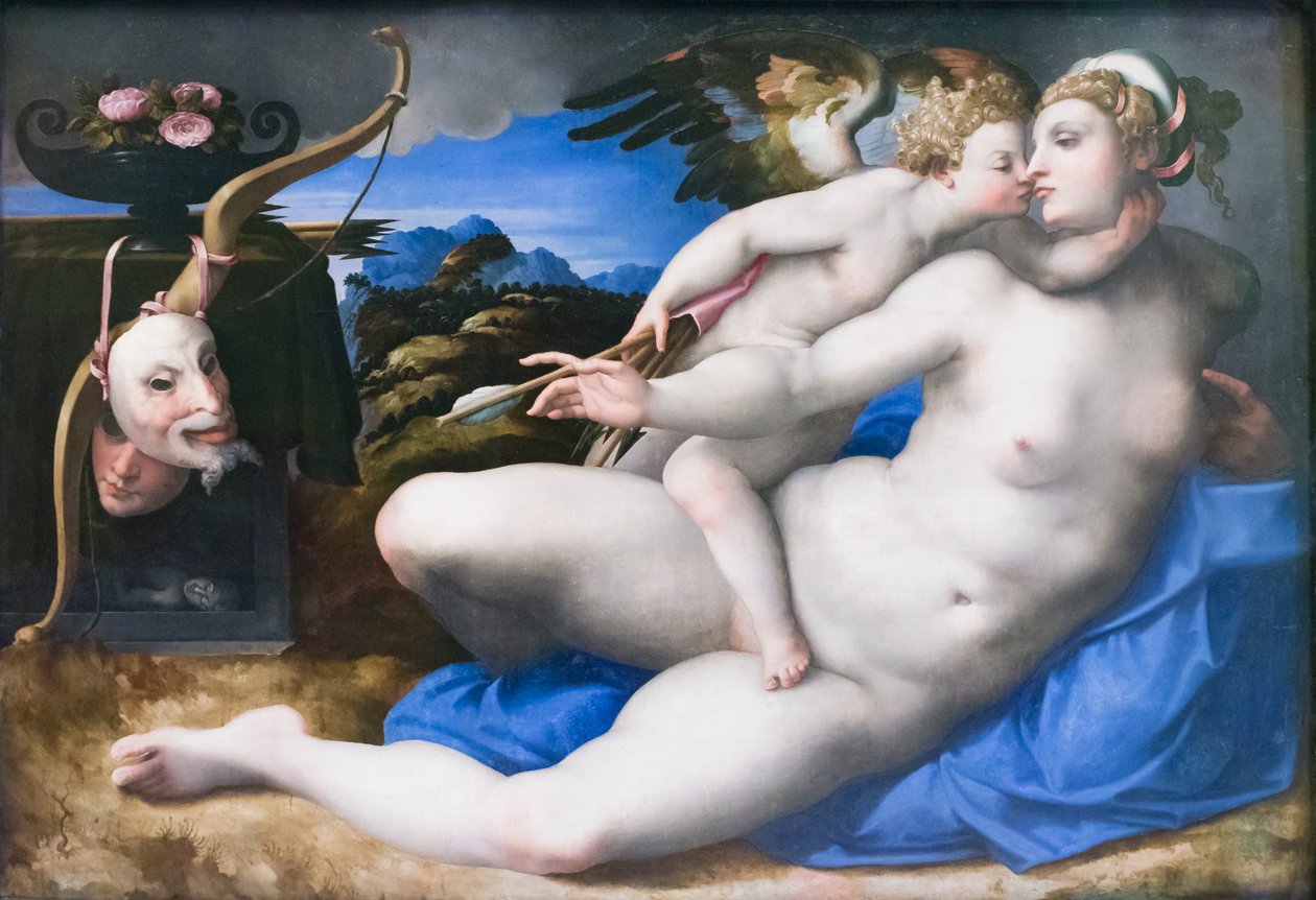 Venus ja Cupid Michelangelo Buonarrotin jälkeen (öljy paneelissa) od Michelangelo (after) Buonarroti