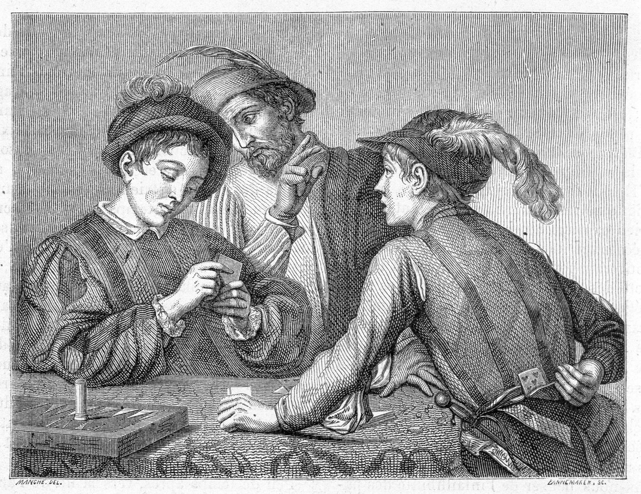 Podvodníci. Rytina z 19. století zobrazující dílo Caravaggia (il Caravaggio) kolem roku 1596. od Michelangelo (after) Caravaggio