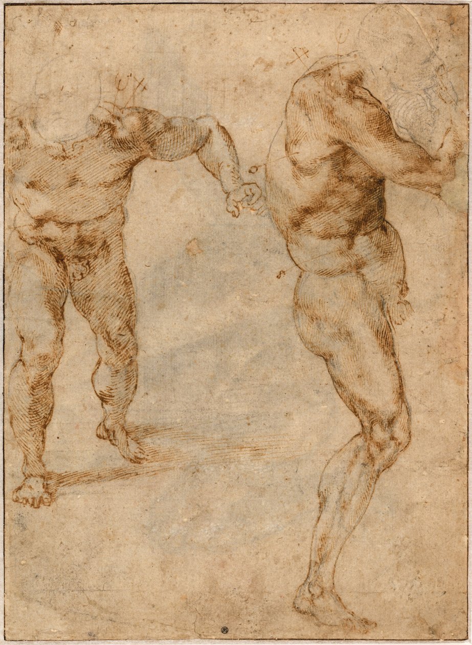 Dvě studie aktu muže, který se řítí vpřed, a dalšího, který se otáčí doprava od Michelangelo