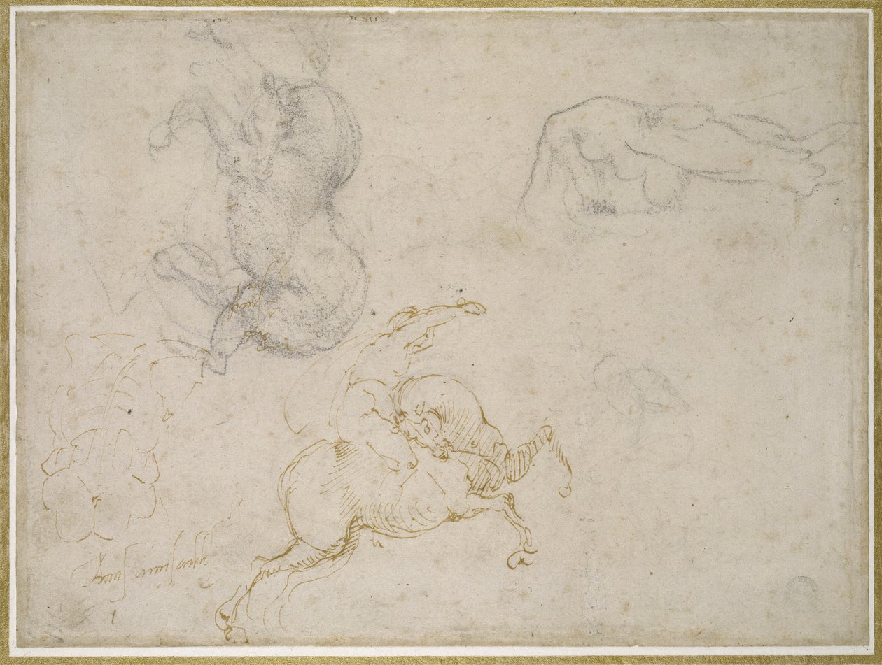 Nabíjení jezdce a další studie (pero a hnědý inkoust s černou křídou a nad ní na smetanovém papíře) od Michelangelo Buonarroti