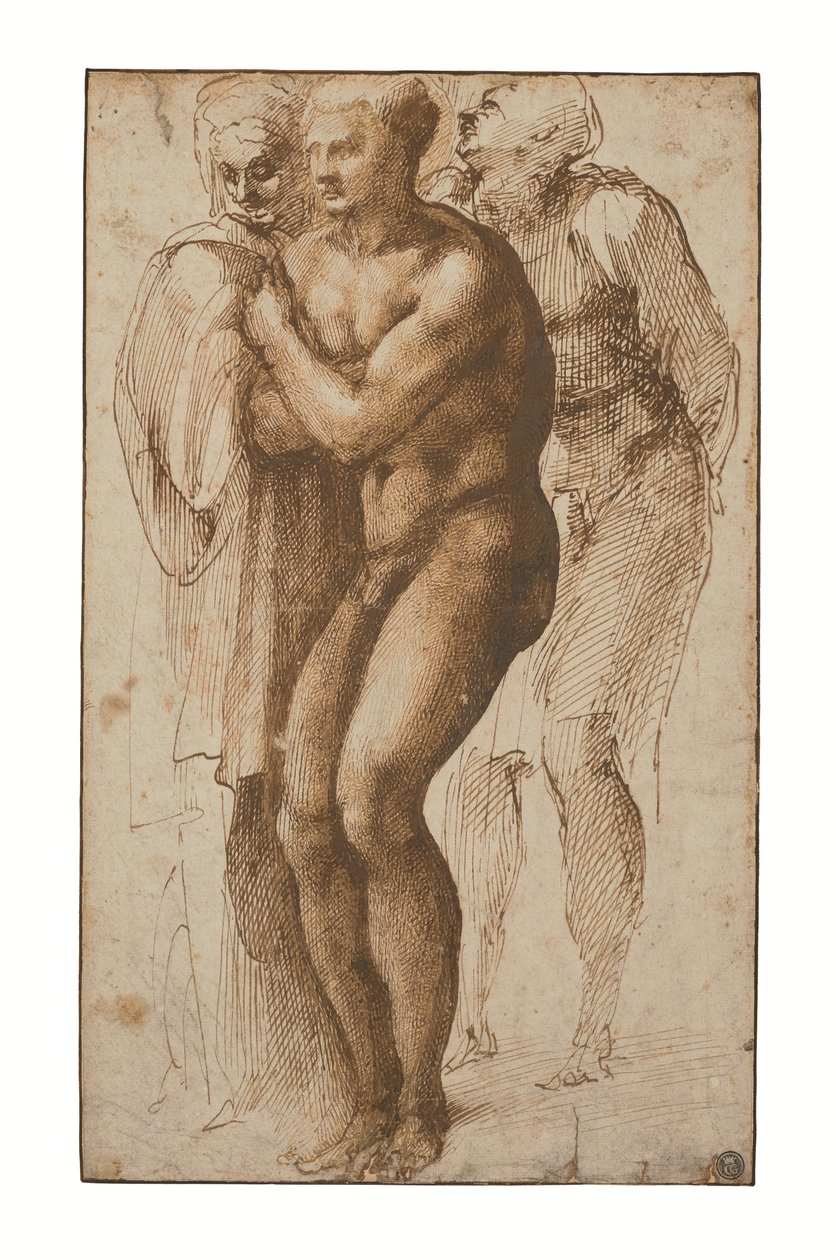 Nahý muž (podle Masaccia) a dvě postavy za ním (pero a dva odstíny hnědé tuše, hnědý wash, vodoznak) od Michelangelo Buonarroti