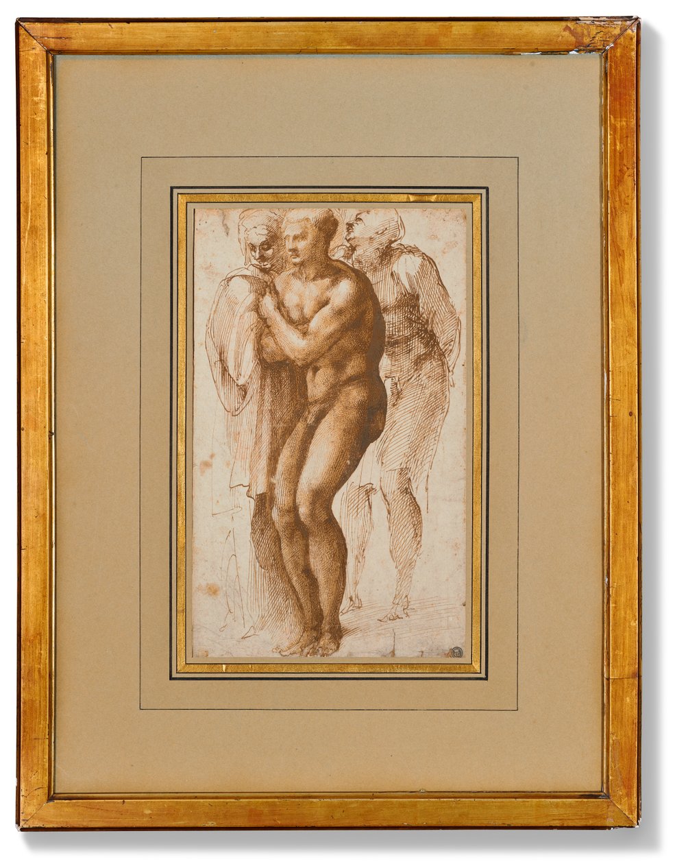 Nahý muž (podle Masaccia) a dvě postavy za ním (pero a dva odstíny hnědé tuše, hnědý wash, vodoznak) od Michelangelo Buonarroti