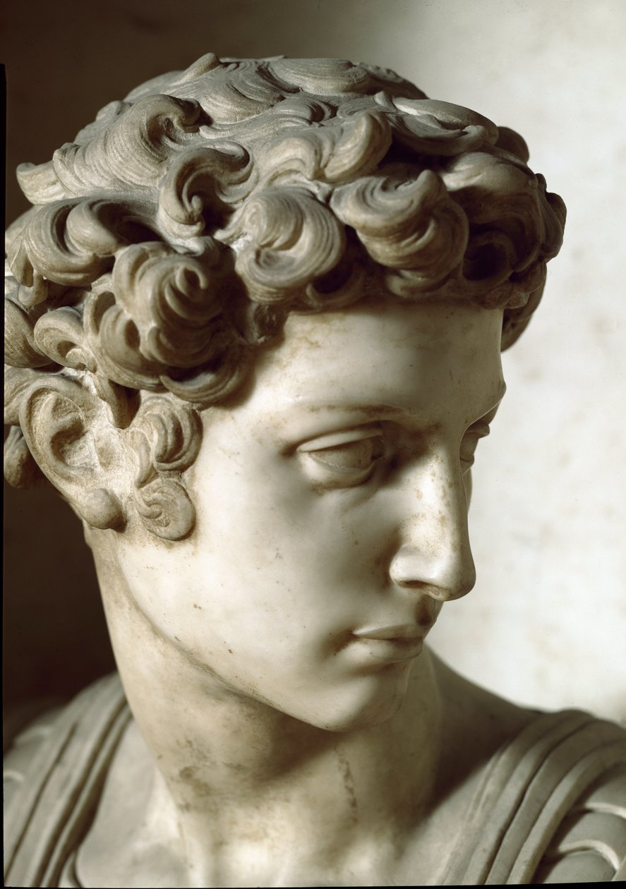 Alegorie dne a noci: detail zesnulého. Mauzoleum Giuliana de Medici. Mramorová socha od Michelangelo Buonarroti