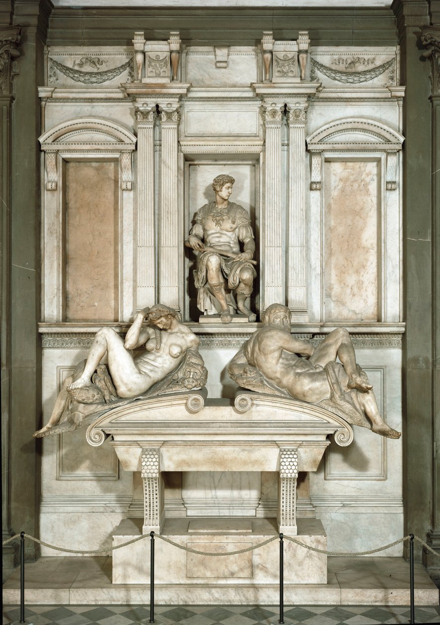 Alegorie dne a noci, mauzoleum Giuliano de Medici. Mramorová socha od Michelangelo Buonarroti