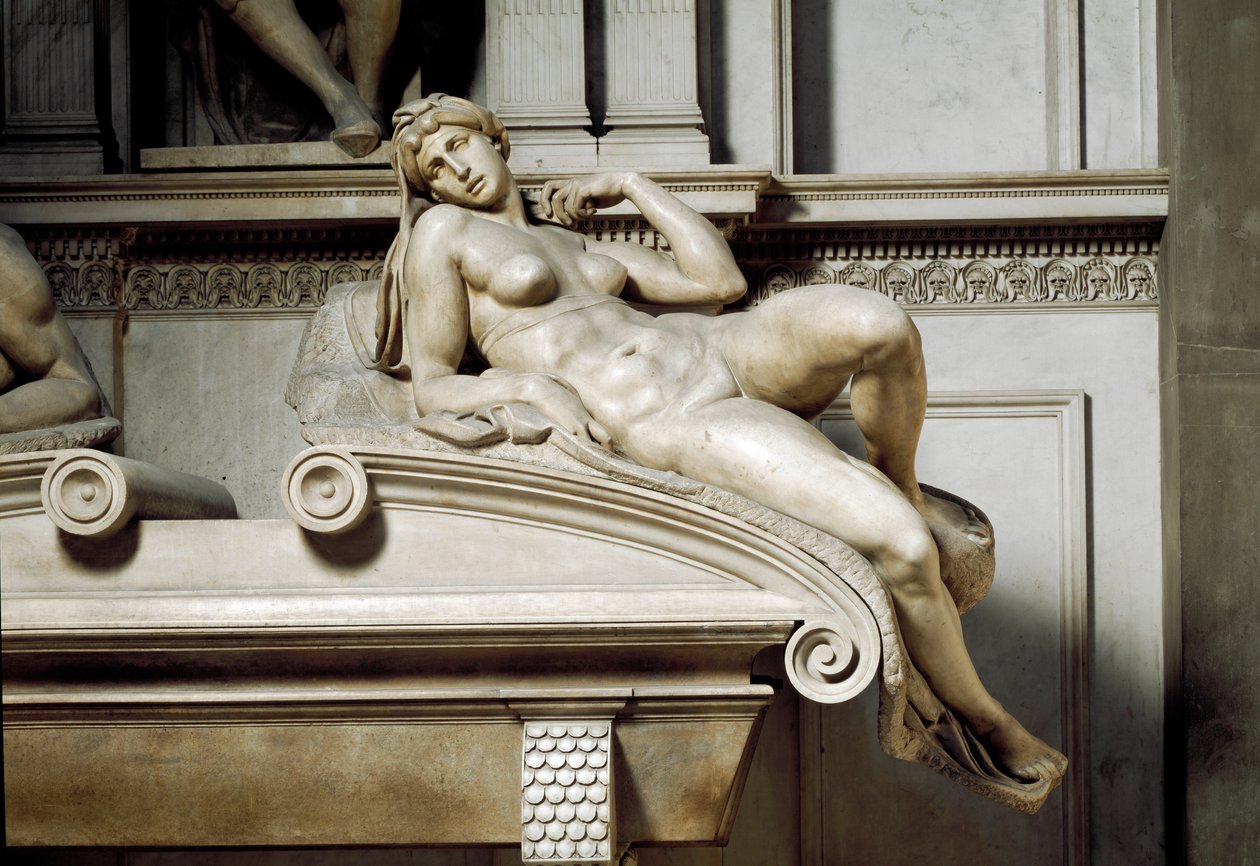Alegorie Aurory. Hrob Laurenta II Medicejského. Mramorová socha 1531 od Michelangelo Buonarroti