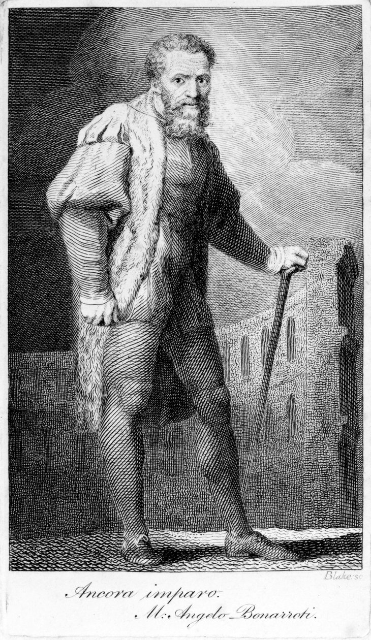 Ancora imparo, vyrytý William Blake, ilustrace z „Přednášek o malbě“ od Henryho Fuseliho, vydáno 1801 od Michelangelo Buonarroti