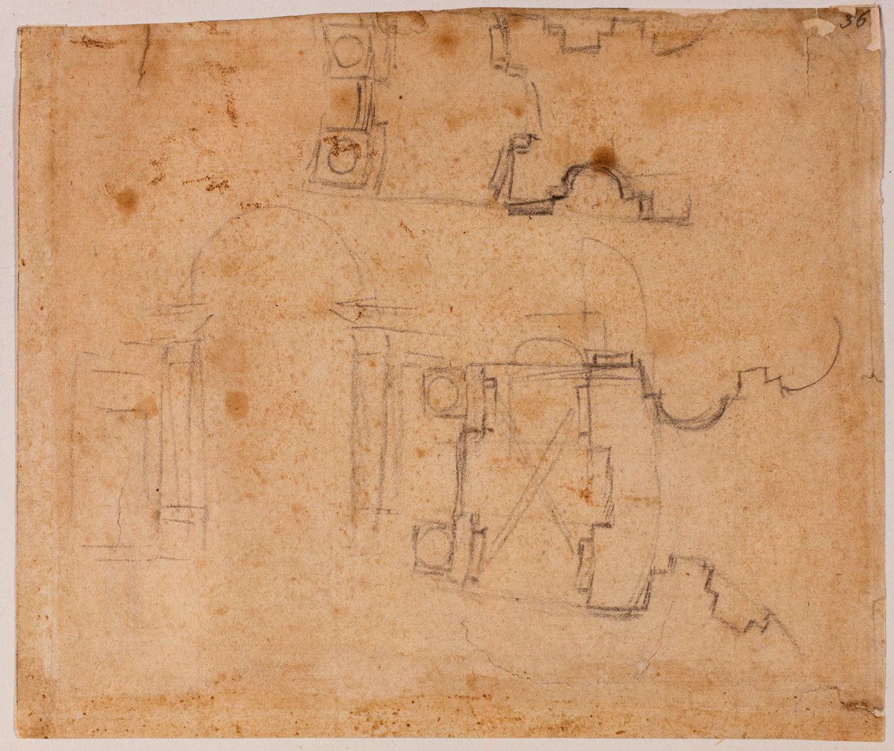 Architektonické detaily výškových a půdorysných plánů kostela San Giovanni dei Fiorentini od Michelangelo Buonarroti