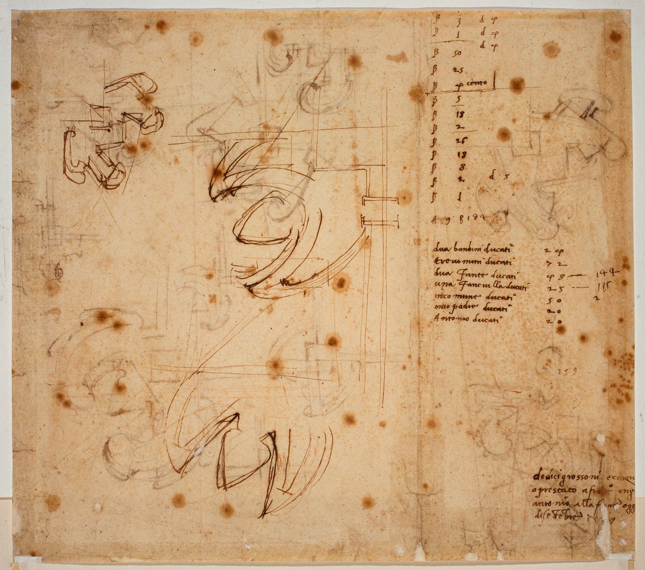 Autografní studie a počty od Michelangelo Buonarroti