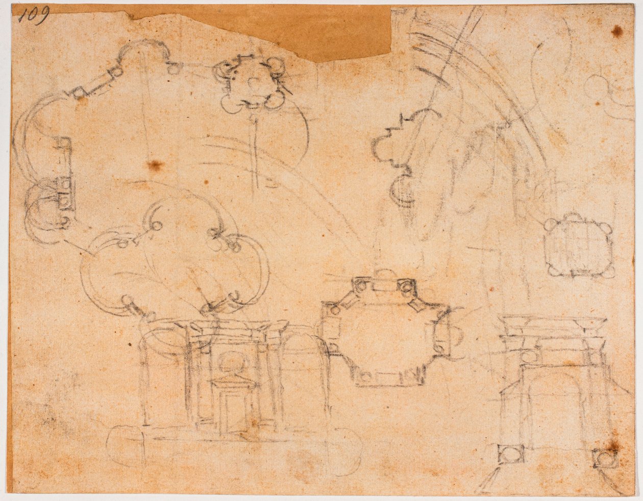 Stavební plány, výškové plány a náčrty kopule kaple Sforza od Michelangelo Buonarroti