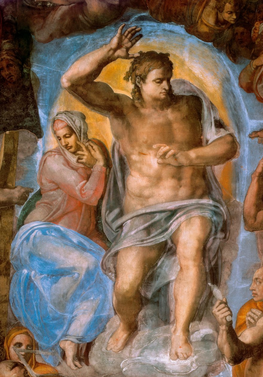 Detail posledního soudu: Kristus soudí. Freska od Michelangela Buonarrotiho, známého jako Michelangelo (Michelangelo nebo Michelangelo od Michelangelo Buonarroti