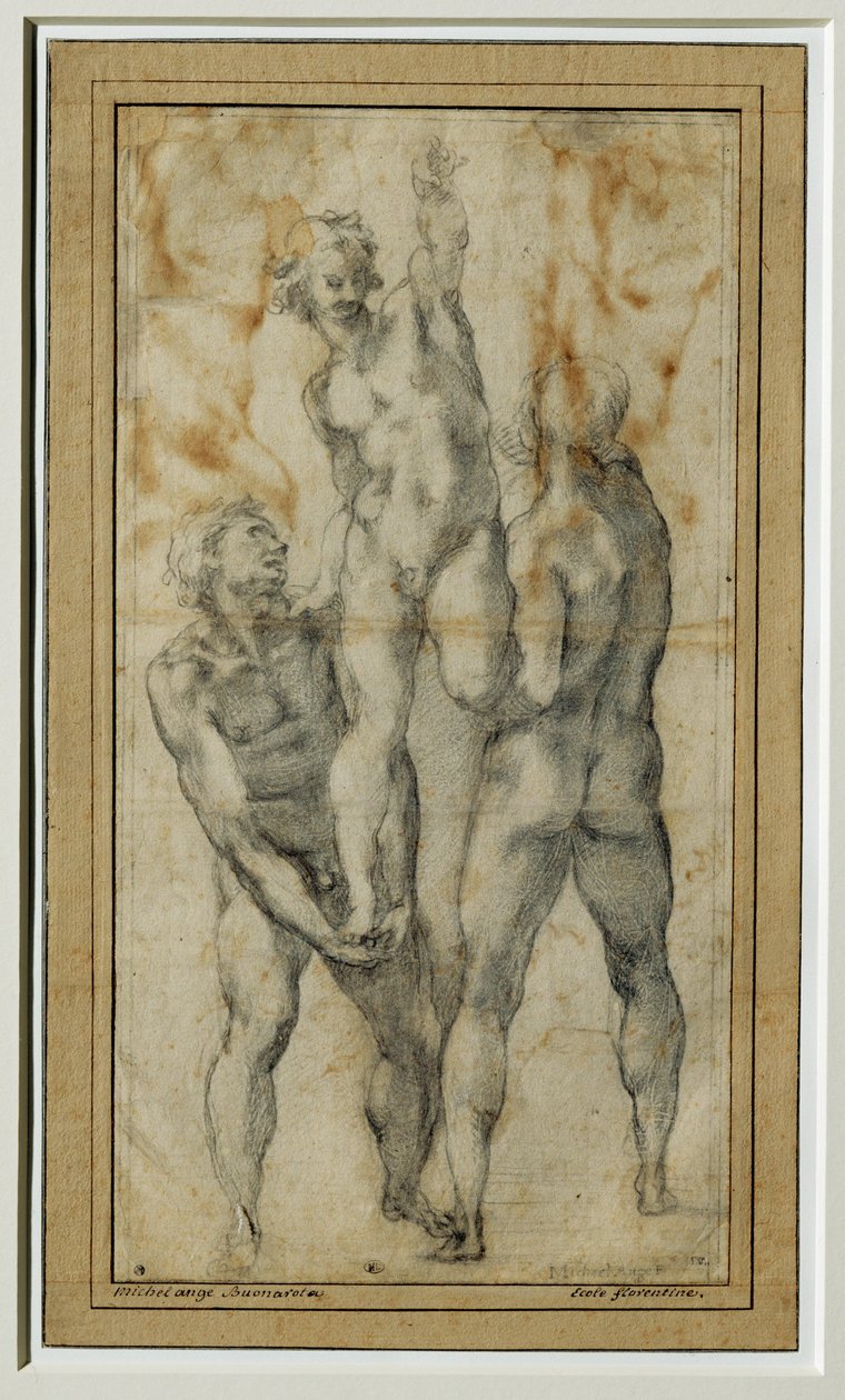 Dva nazí muži zvedají třetího, asi 1502-06 ... od Michelangelo Buonarroti