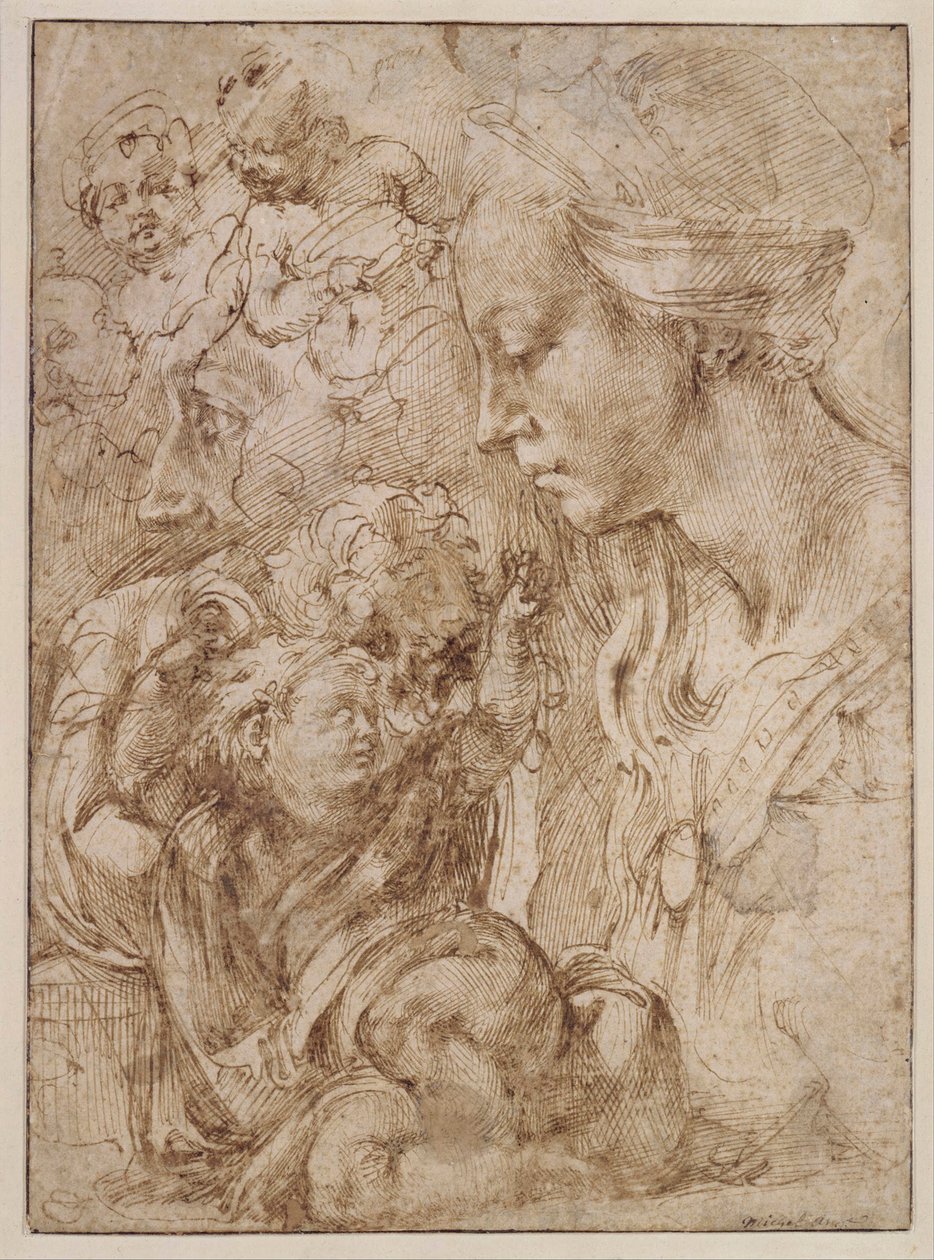 "Studie pro svatou rodinu s Janem Křtitelem jako dítětem" (Studie pro svatou rodinu s Janem Křtitelem jako dítětem) Kresba Michelangelo Buonarroti (1475-1564) - 1505 - Pero, štětec, tuš na papíře Rozměr 28, 7x20 ,9 cm Staatliche Museen, Berlín od Michelangelo Buonarroti