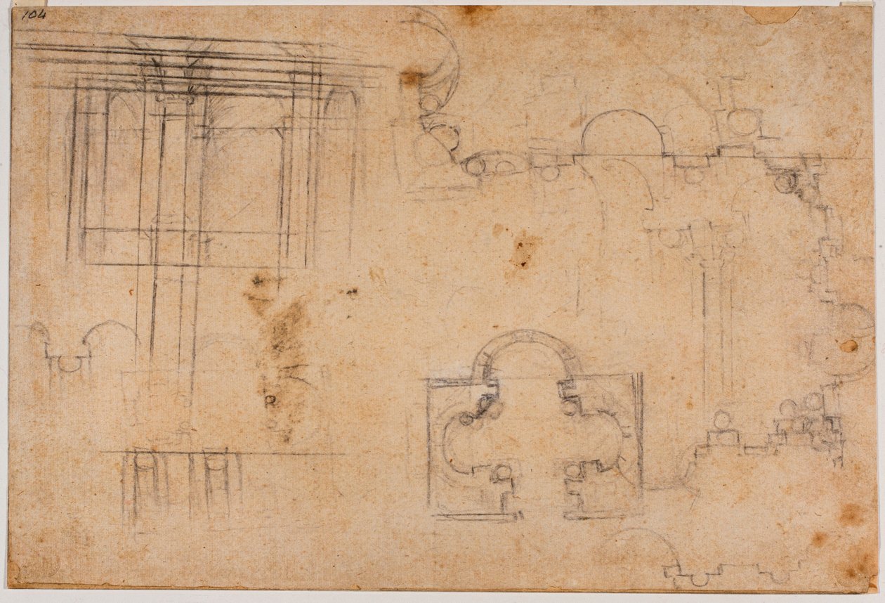 Půdorys a architektonické průčelí kaple Sforza od Michelangelo Buonarroti