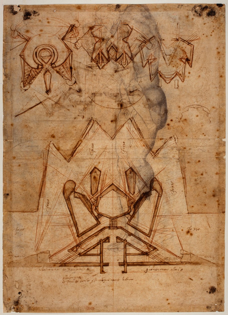 Opevnění Porta al Prato, figurální náčrtek od Michelangelo Buonarroti