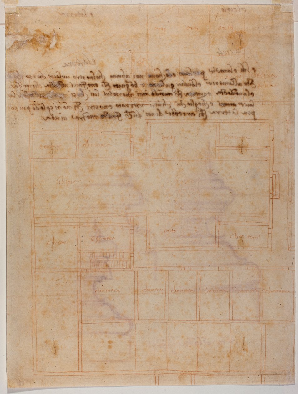 Fragmentární plán kláštera San Lorenzo, rukopisné nápisy od Michelangelo Buonarroti