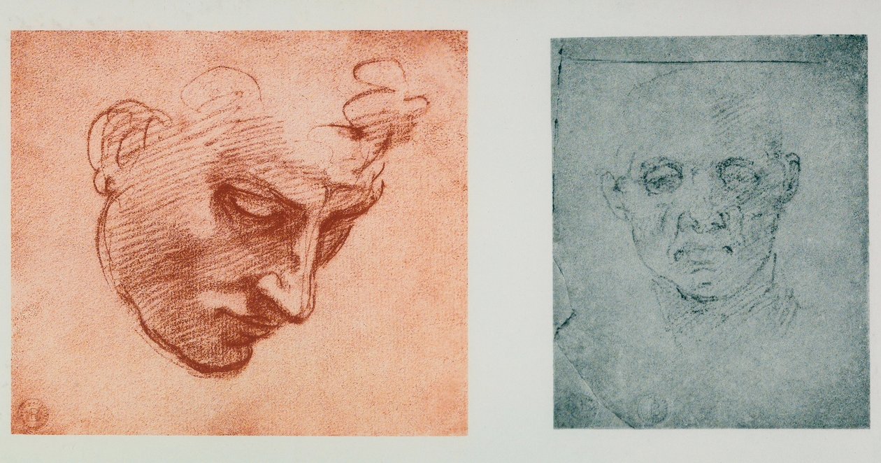 Pohled zepředu na obličej a jeden z profilu; kresby Michelangela. Casa Buonarroti, Florencie od Michelangelo Buonarroti
