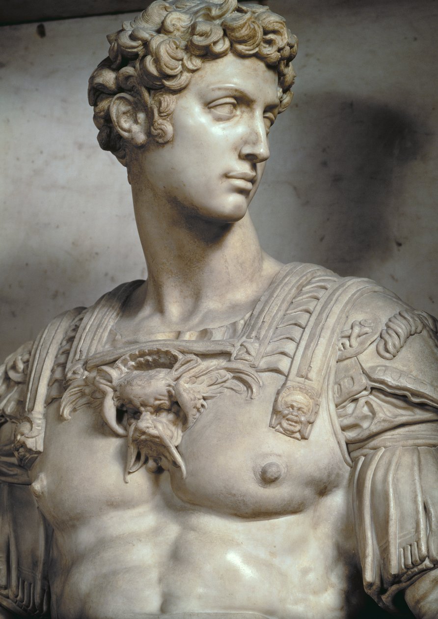 Giuliano de Medici, vévoda z Nemours 1479-1516, detail postavy z jeho hrobky od Michelangela Buonarrotiho 1475-1564, 1533 mramorový detail 85089 & 52674 od Michelangelo Buonarroti
