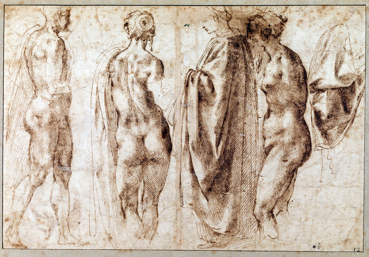 Skupina čtyř stojících postav a závěs Kresba perem Michelangela Buonarroti dit Michelangelo (Michelangelo nebo Michel Ange od Michelangelo Buonarroti