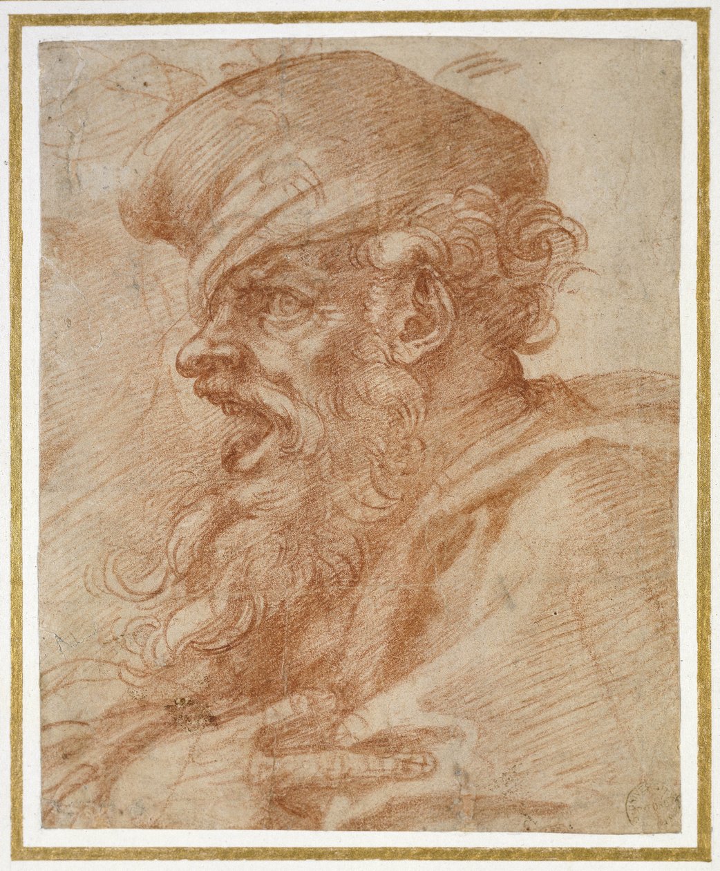 Head of a Bearded Man Křičící, cca 1525 (červená křída na papíře) od Michelangelo Buonarroti