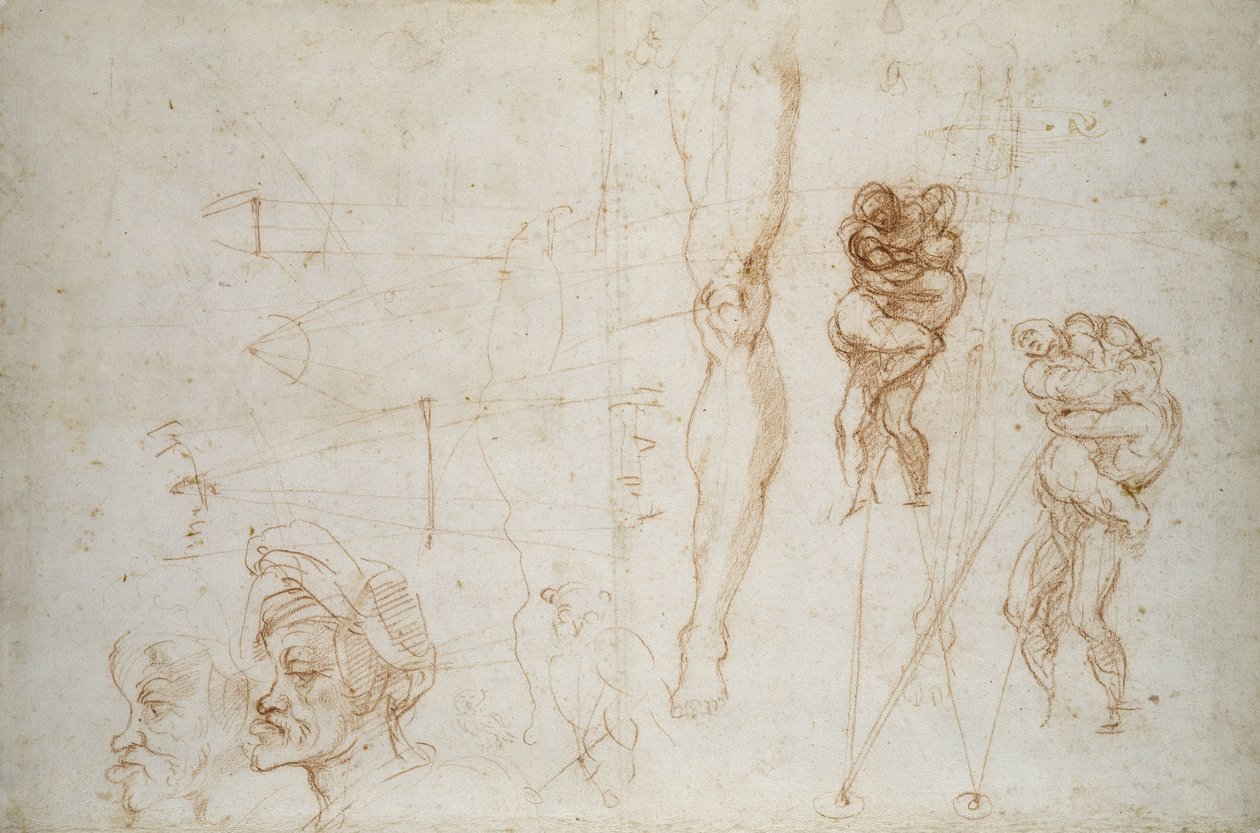 Herkules a Antaeus a další studie, c.1525-28 (křída na papíře) od Michelangelo Buonarroti