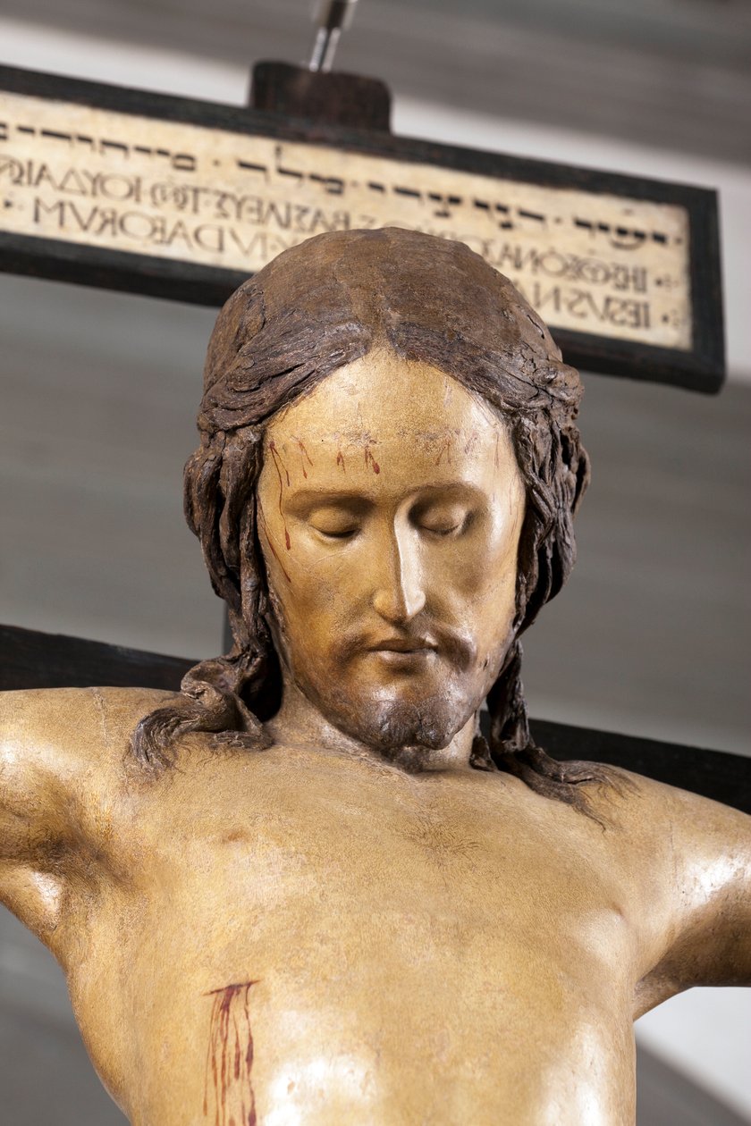 Krucifix svatého Ducha, cca 1493, Michelangelo (1475-1564), detail, plastika z polychromovaného dřeva, sakristie baziliky Santo Spirito ve Florencii - Krucifix. Renesanční socha od Michelangela Buonarrotiho dit Michel Ange (Michelangelo nebo Michela od Michelangelo Buonarroti