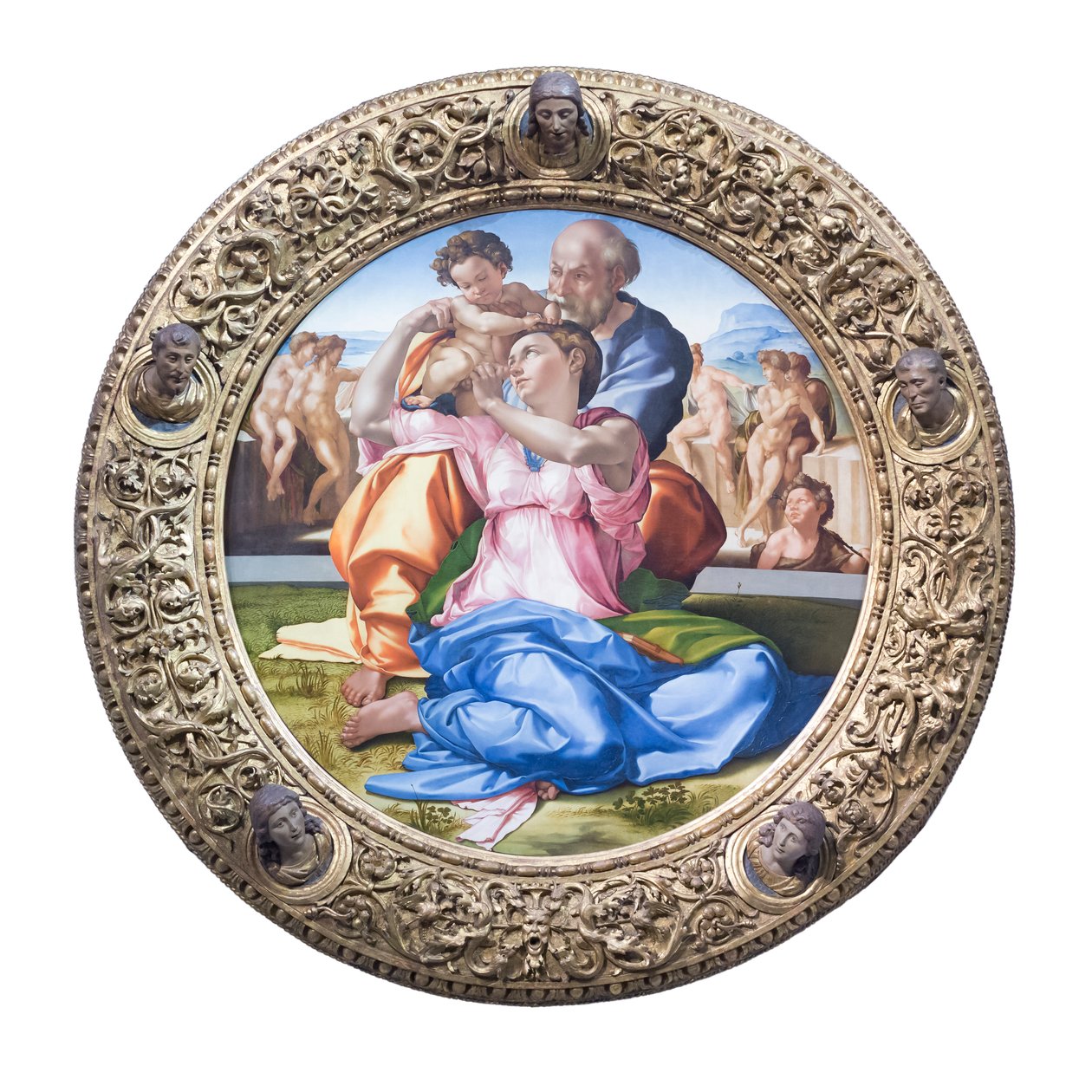 Svatá rodina s mladým svatým Janem Křtitelem, známým jako "Doni tondo" od Michelangelo Buonarroti