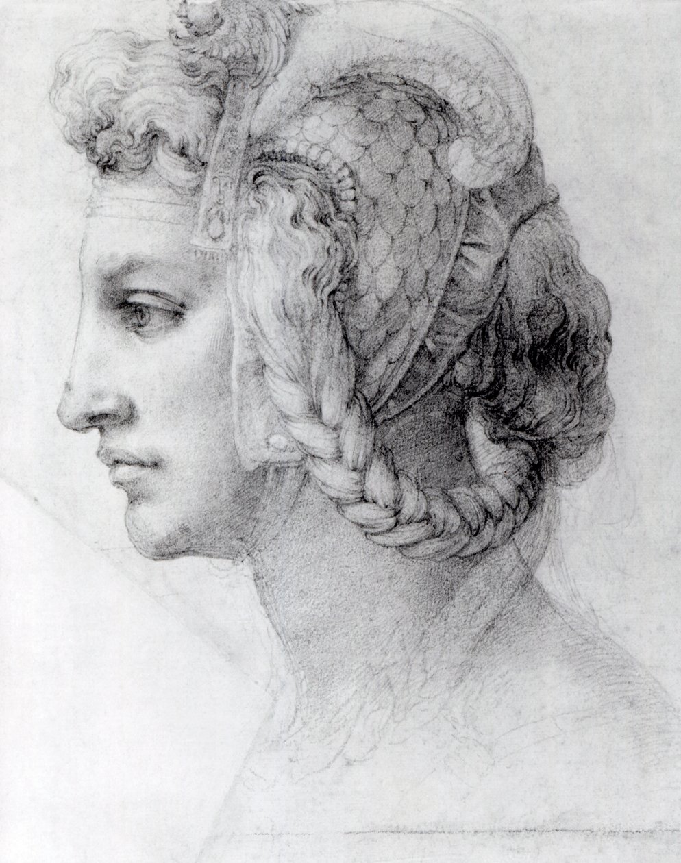 Ideální hlava ženy, asi 1525-28 (černá křída na papíře) od Michelangelo Buonarroti