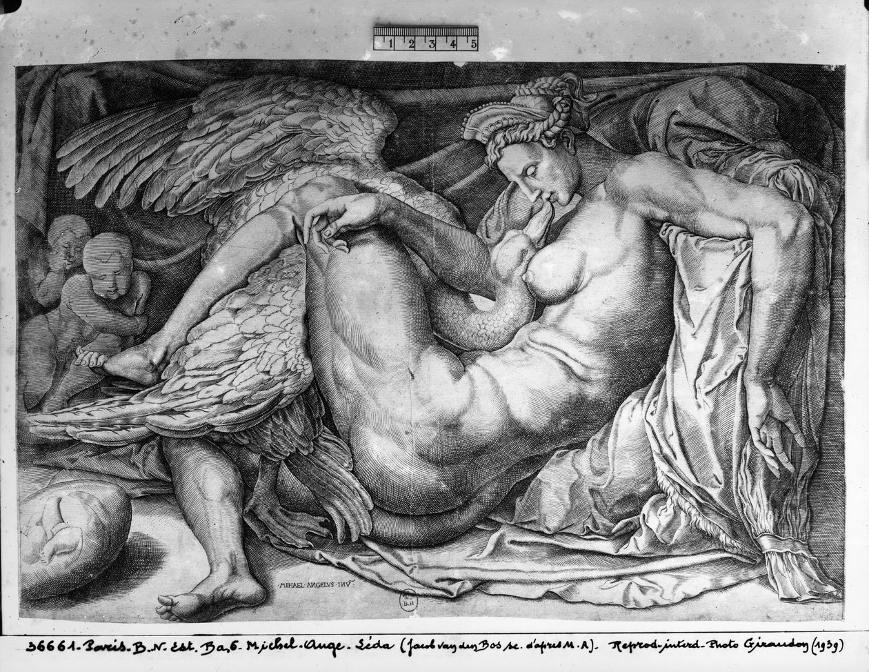 Leda, vyrytý Jacobus Bos, Boss nebo Bossius (b.c.1520) od Michelangelo Buonarroti
