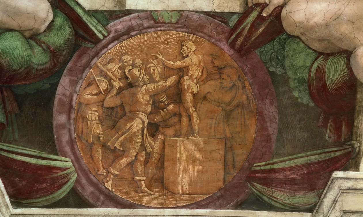 Medailon představuje zničení sochy boha Baala..., 1508-1512. od Michelangelo Buonarroti