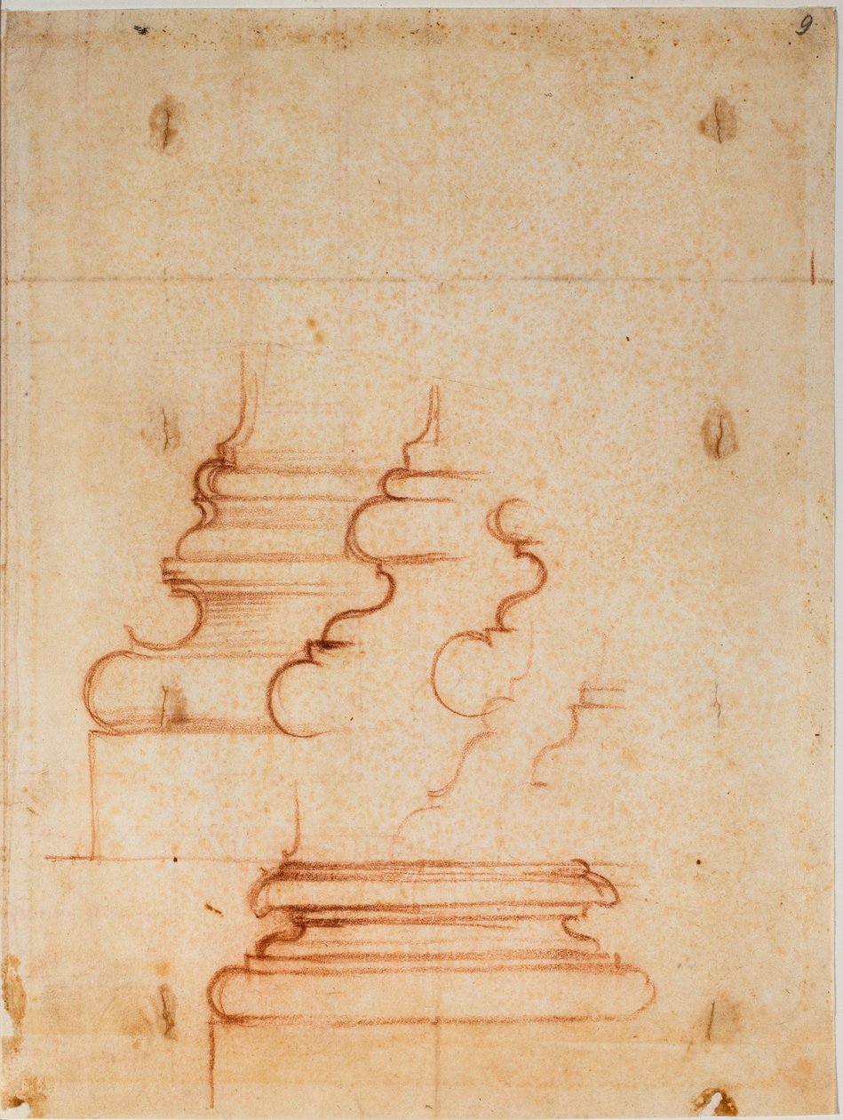 Podstavce pilířů pro novou sakristii, ručně psané nápisy od Michelangelo Buonarroti