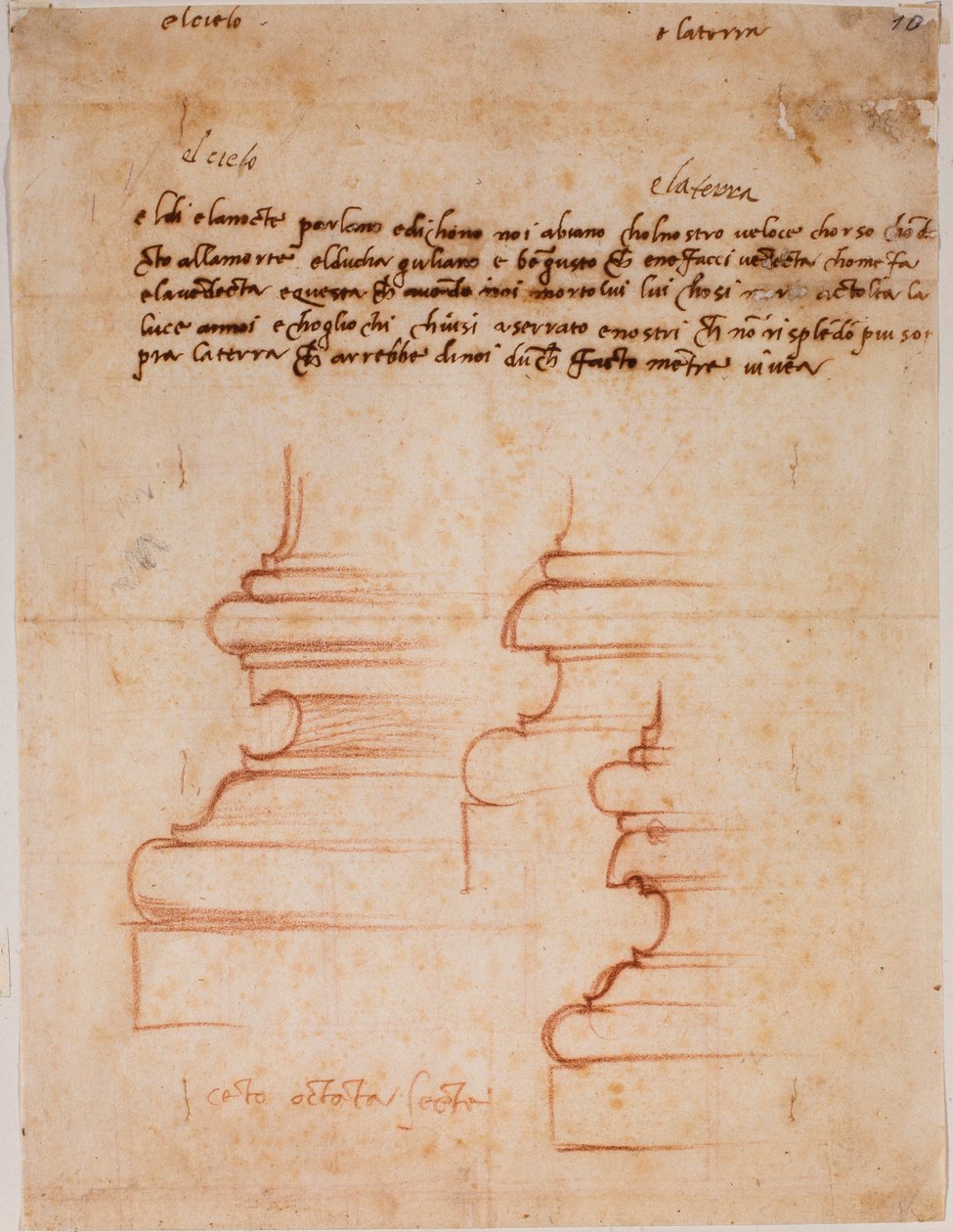 Podstavce pilířů pro novou sakristii, ručně psané nápisy od Michelangelo Buonarroti
