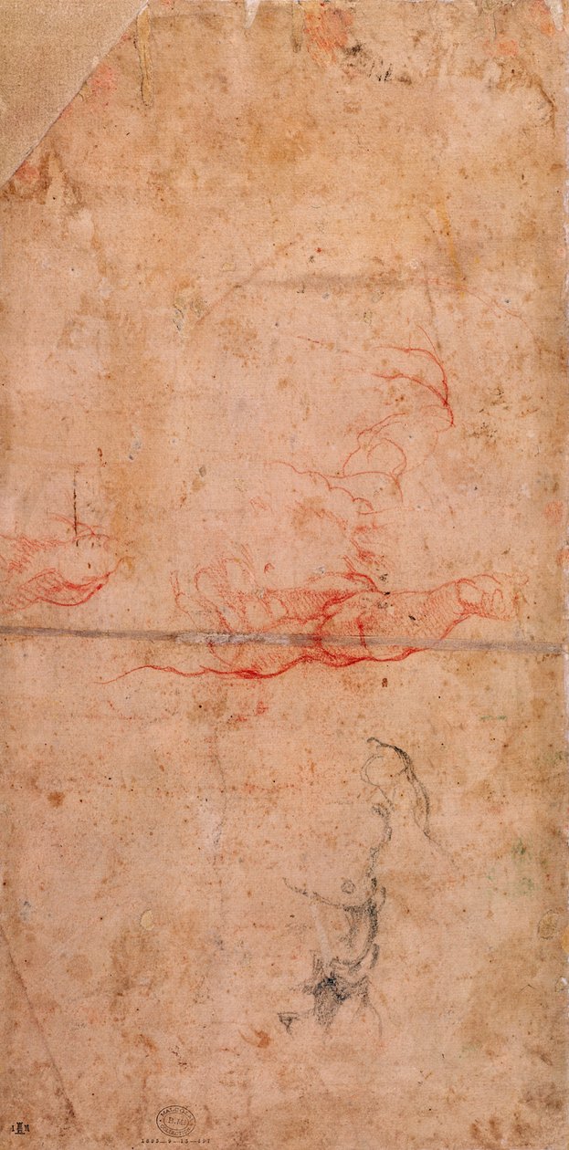 Přípravná studie k potrestání Hamana (červená křída a dřevěné uhlí na papíře) (verso) od Michelangelo Buonarroti