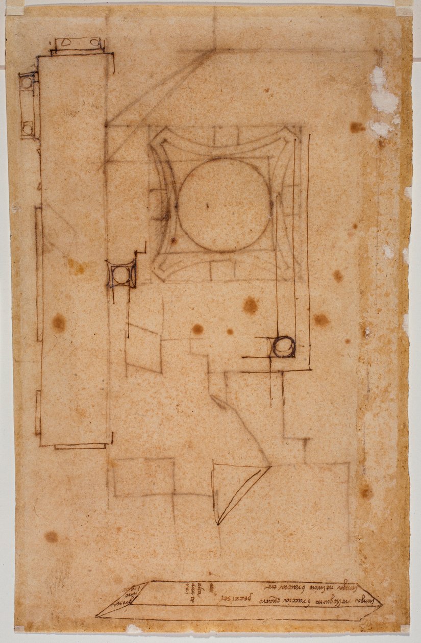Řez hlavním městem, plán fasády a náčrtky s autografními poznámkami o rozměrech od Michelangelo Buonarroti