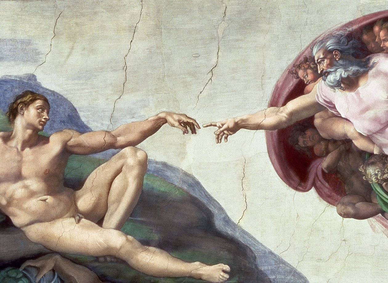 Strop Sixtinské kaple: Stvoření Adama, detail natažených paží, restaurování fresky z roku 1510 od Michelangelo Buonarroti
