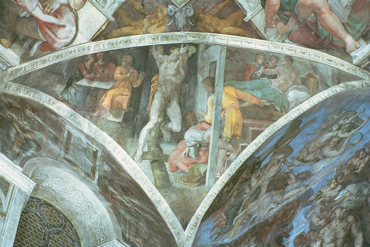 Strop Sixtinské kaple: Haman (pandrel) (před restaurováním) od Michelangelo Buonarroti