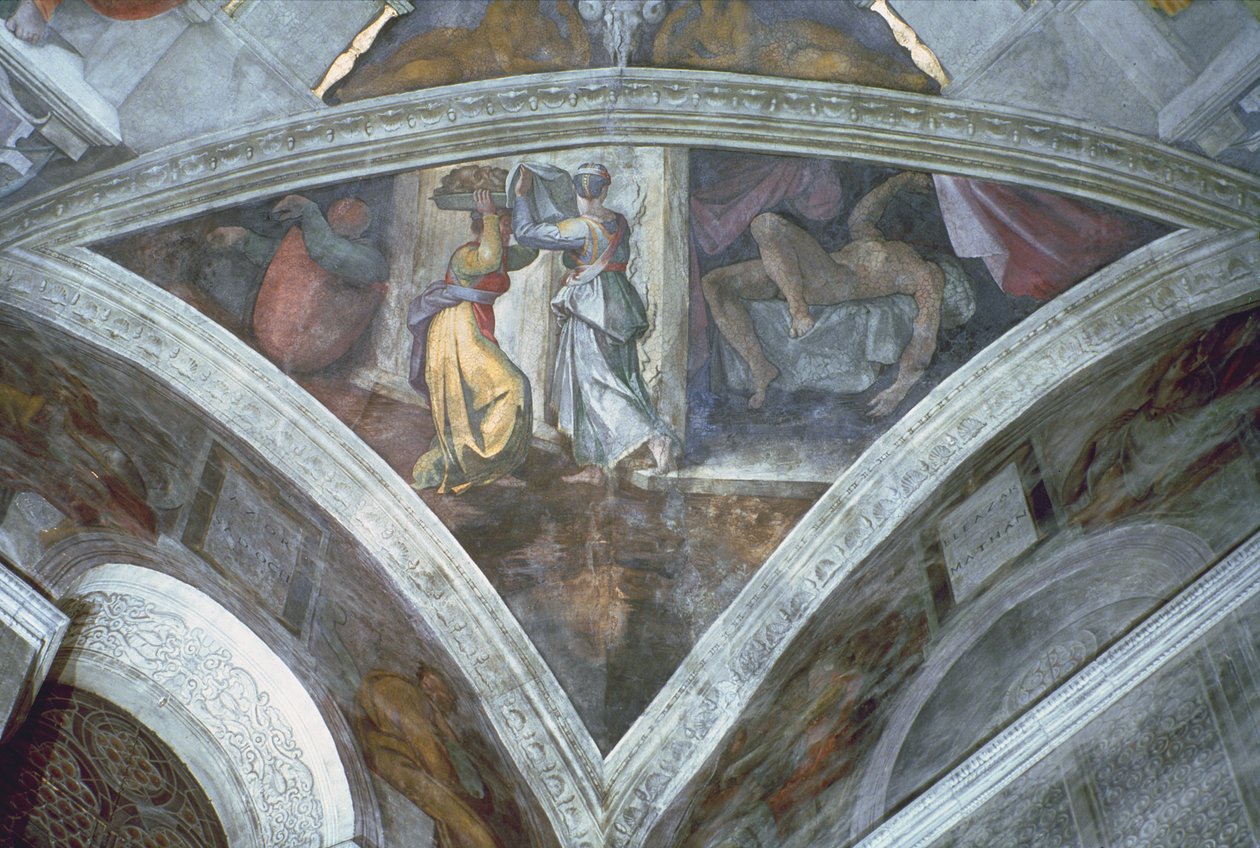 Strop Sixtinské kaple: Judith nesoucí hlavu Holoferna (pandrel) (před restaurováním) od Michelangelo Buonarroti