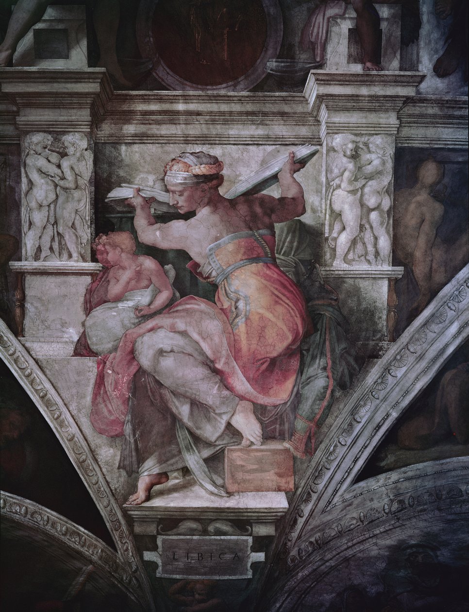 Strop Sixtinské kaple: Libyjská Sibyla, kolem 1508-10 (před restaurováním) od Michelangelo Buonarroti