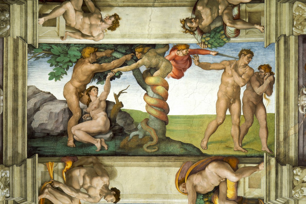 Strop Sixtinské kaple: Pád člověka a vyhnání z rajské zahrady se čtyřmi Ignudi od Michelangelo Buonarroti
