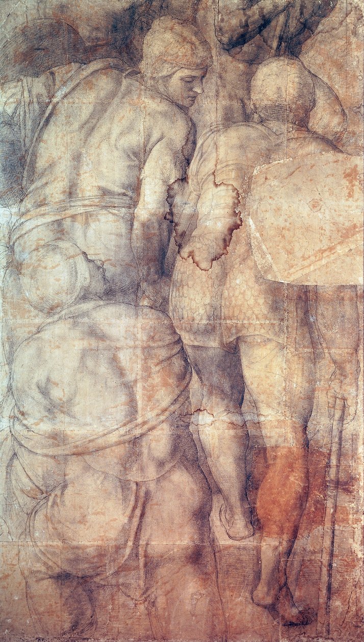 Vojáci, Michelangelo (1475-1564), přípravná karikatura (podmalba) pro fresku Ukřižování sv. Petra vytvořená v Pavlínské kapli ve Vatikánském paláci od Michelangelo Buonarroti